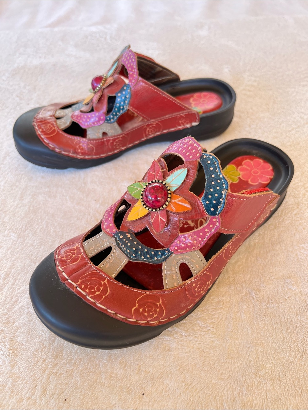 CORKY’S LEATHER ARTISAN CUTOUT FLORAL GINGER MULES SLIDES SIZE 6